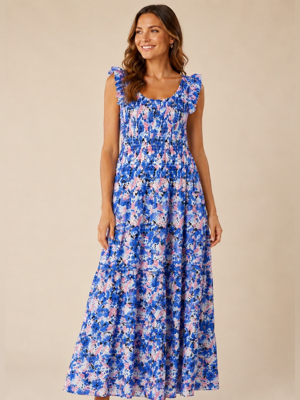 MELLODAY Blue and Pink Floral Maxi Dress with Ruffled Sleeves